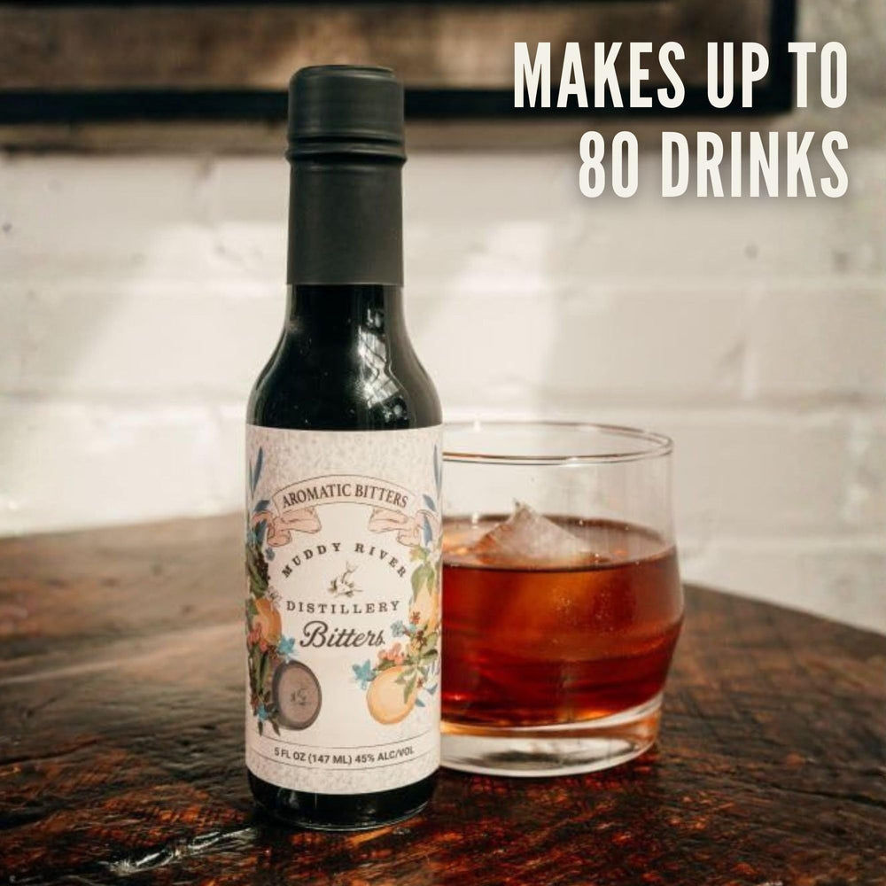 Muddy River Distillery Aromatic Bitters botanicals highlight herbal intrigue for versatile cocktails.