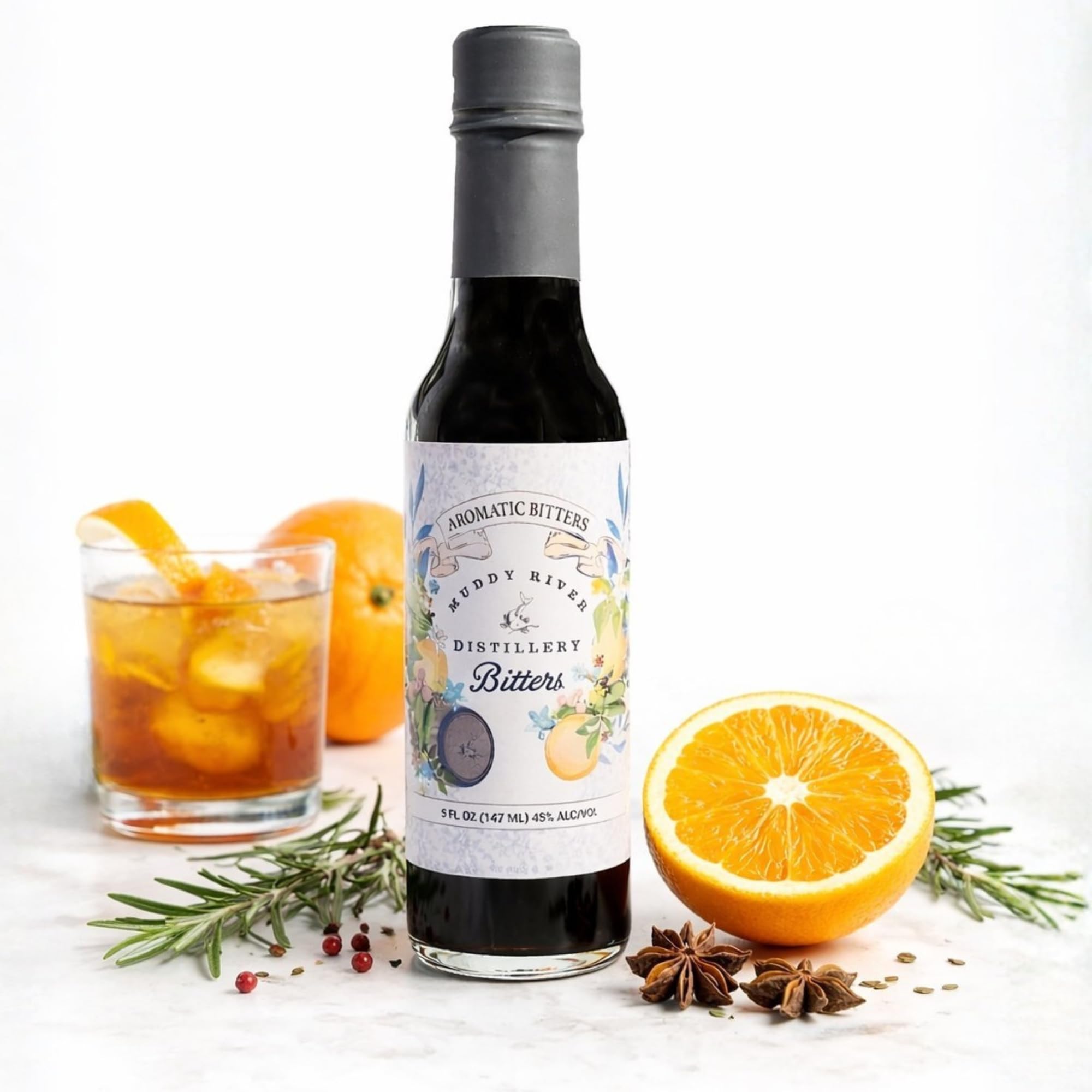 Muddy River Distillery Aromatic Bitters bottle front for classic cocktails.