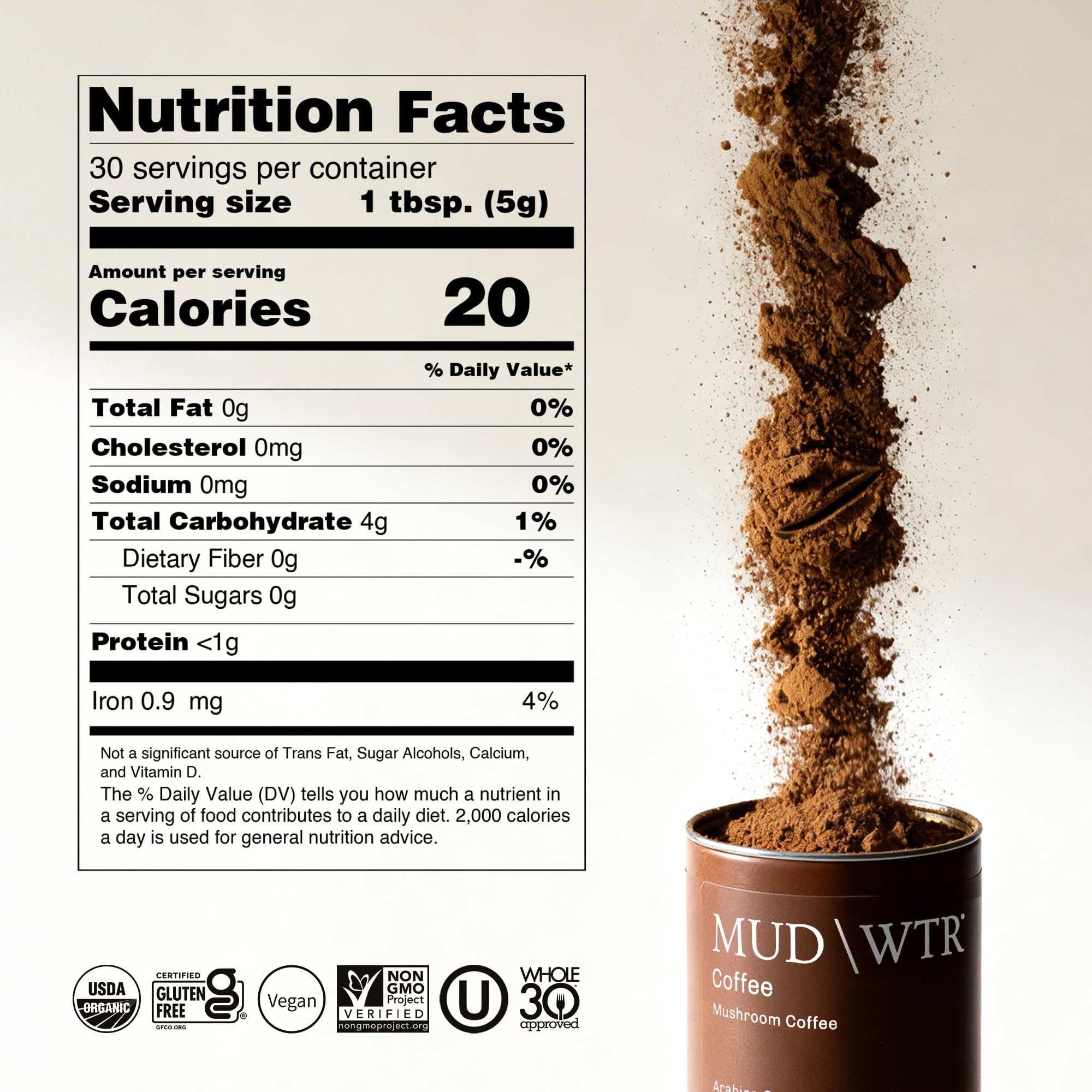 MUD/WTR mushroom coffee mug with steam highlighting smooth flavor.