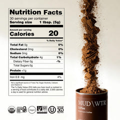 MUD/WTR mushroom coffee mug with steam highlighting smooth flavor.