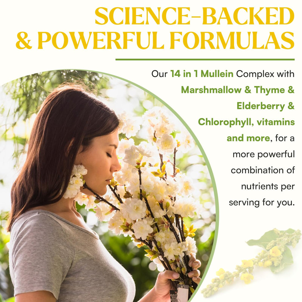 Muechaya Mullein Drops drops in glass suggest convenient daily intake.