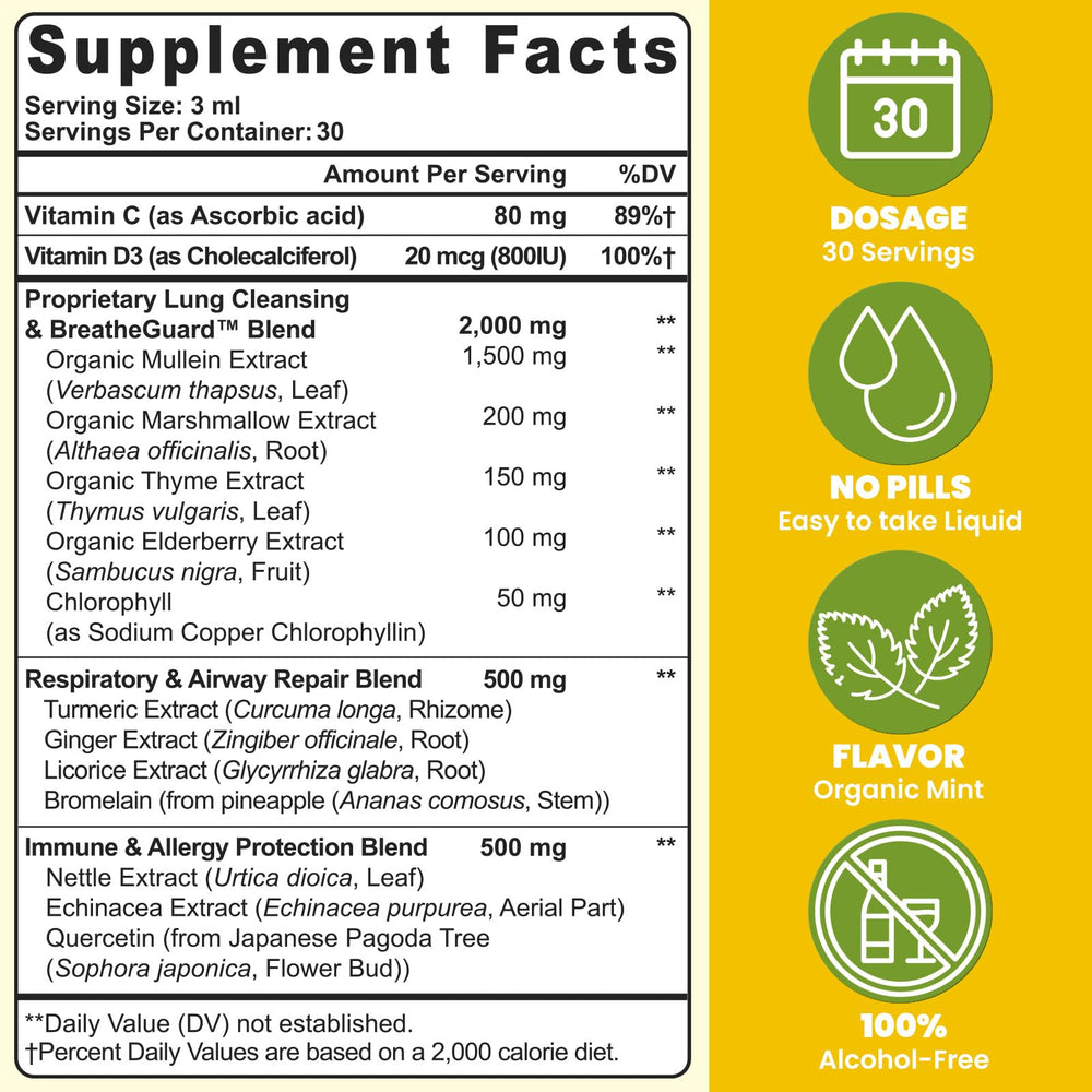 Muechaya Mullein Drops with dropper suggests fast-acting respiratory support option.