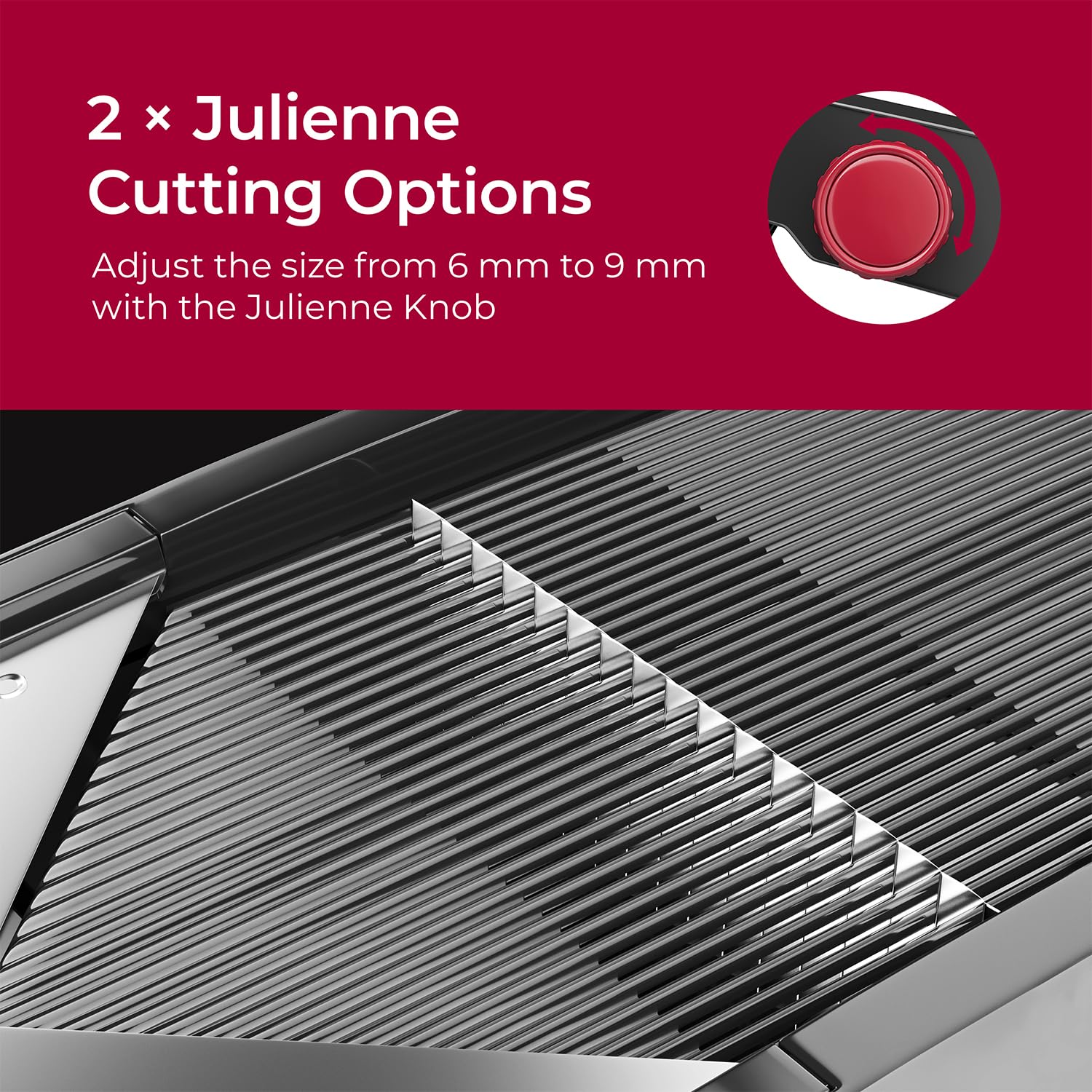 Mueller Austria mandoline slicing apples on a cutting board for uniform pieces