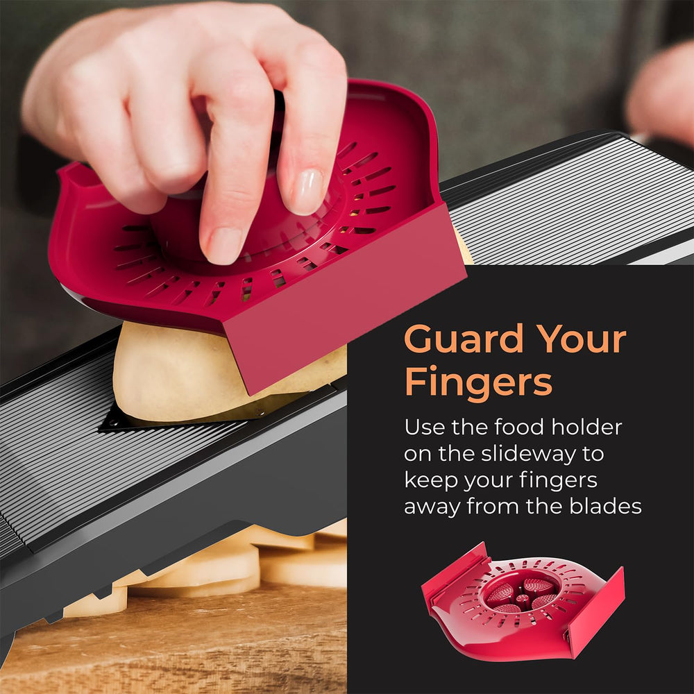 Mueller Austria mandoline foldable legs enabling quick prep directly on a board