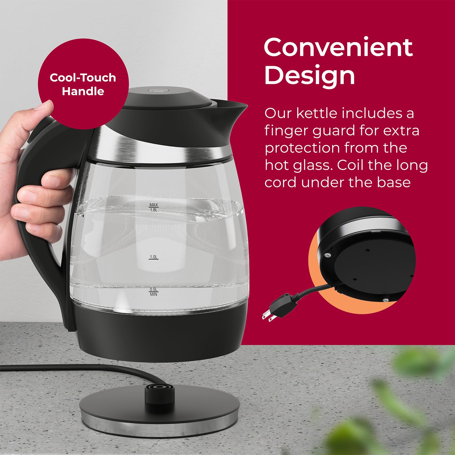 Sleek Mueller kettle on counter with clear glass design