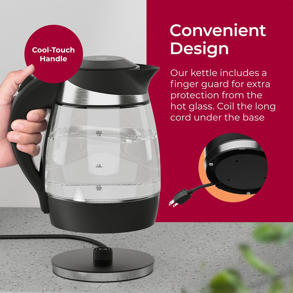 Sleek Mueller kettle on counter with clear glass design