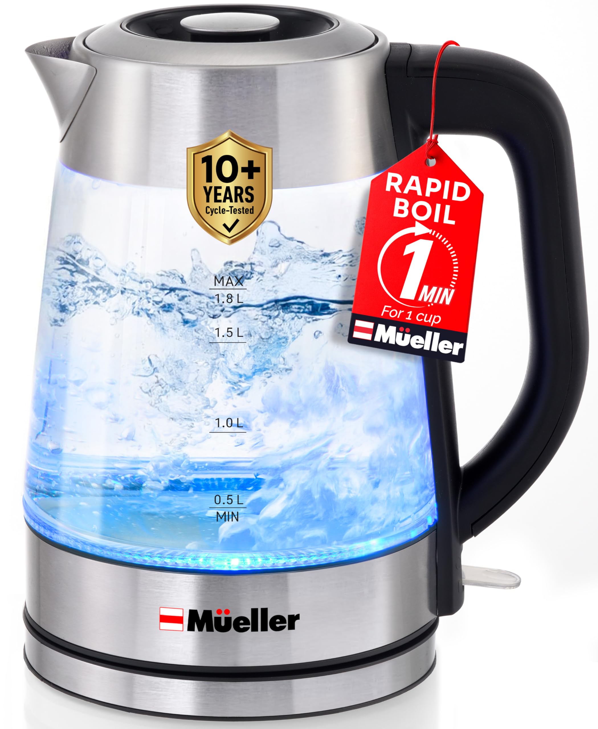 Mueller Rapid Boil kettle with glass body for fast, clean heating.