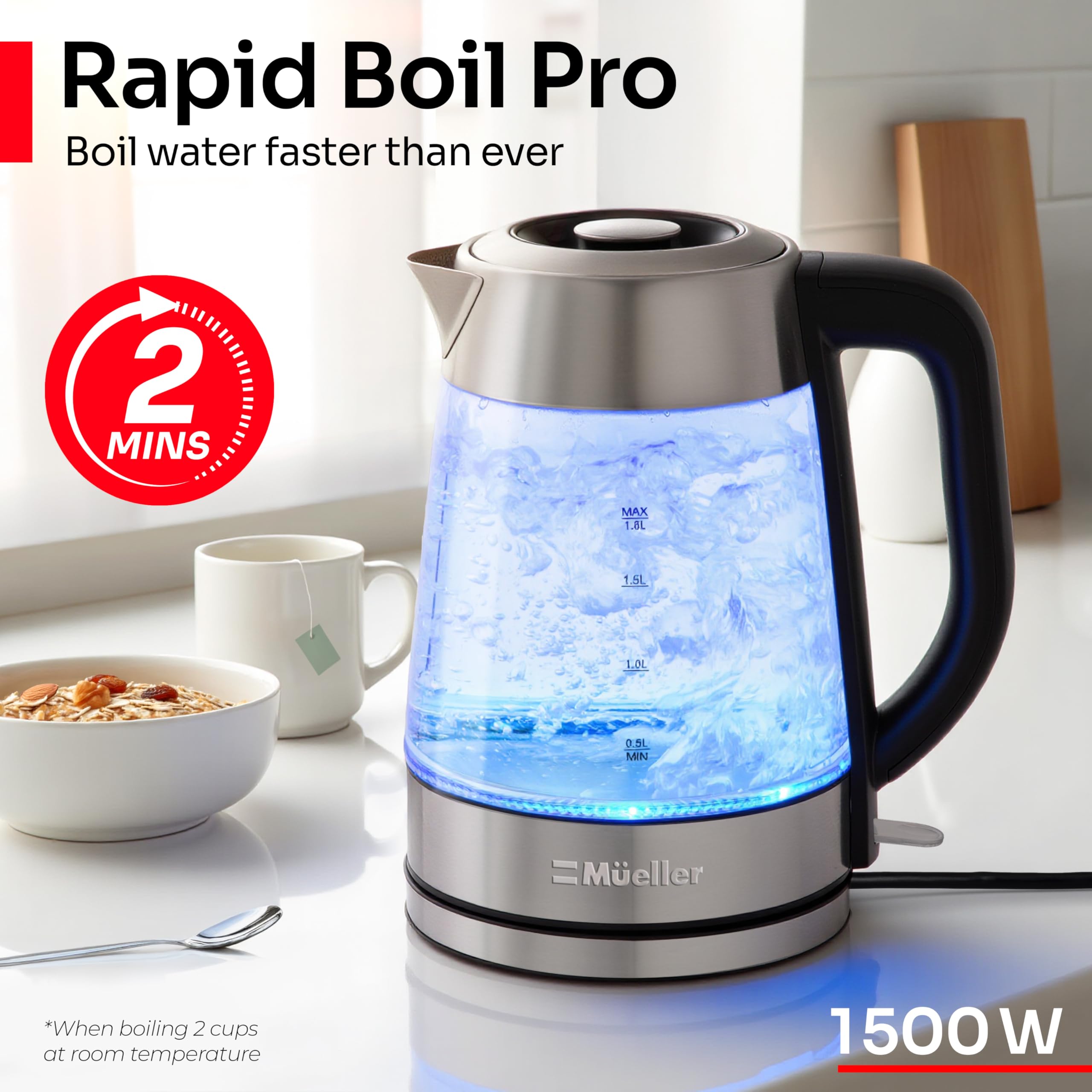 Mueller Rapid Boil kettle removable lid for easy filling and cleaning.