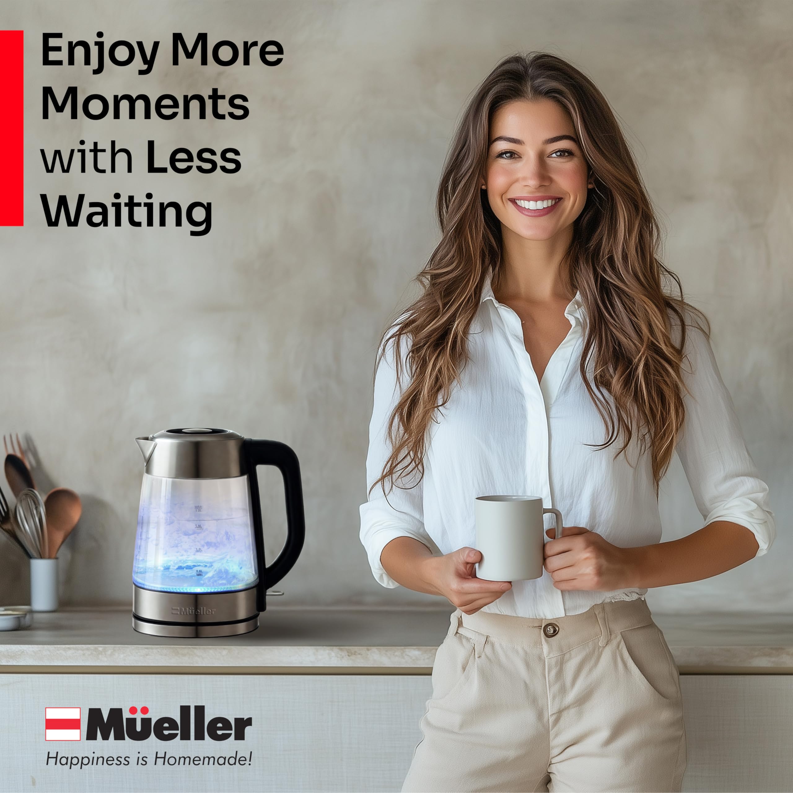 Mueller Rapid Boil stainless steel spout for smooth pours.