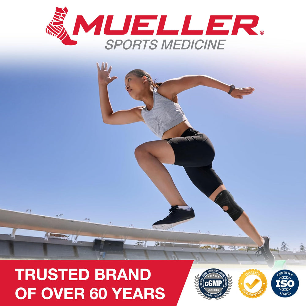 Mueller Self-Adjusting Knee Brace worn on knee during activity for secure, all-day comfort