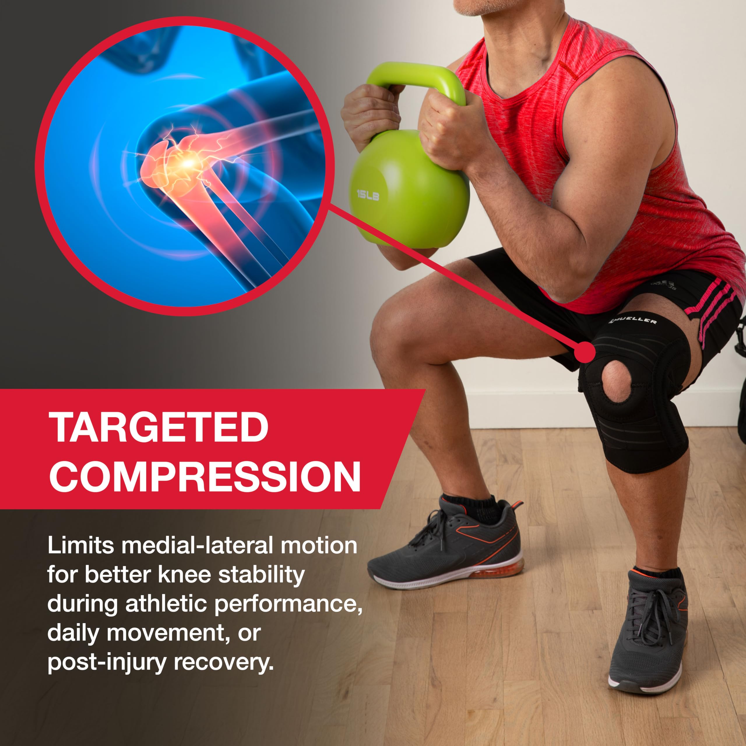 Mueller Self-Adjusting Knee Brace on knee during activity highlights stabilization and freedom of movement