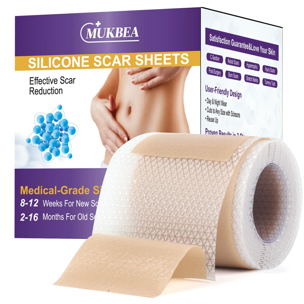 MUKBEA silicone scar sheets close-up on skin, reducing friction and protecting the scar.