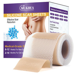 MUKBEA silicone scar sheets close-up on skin, reducing friction and protecting the scar.