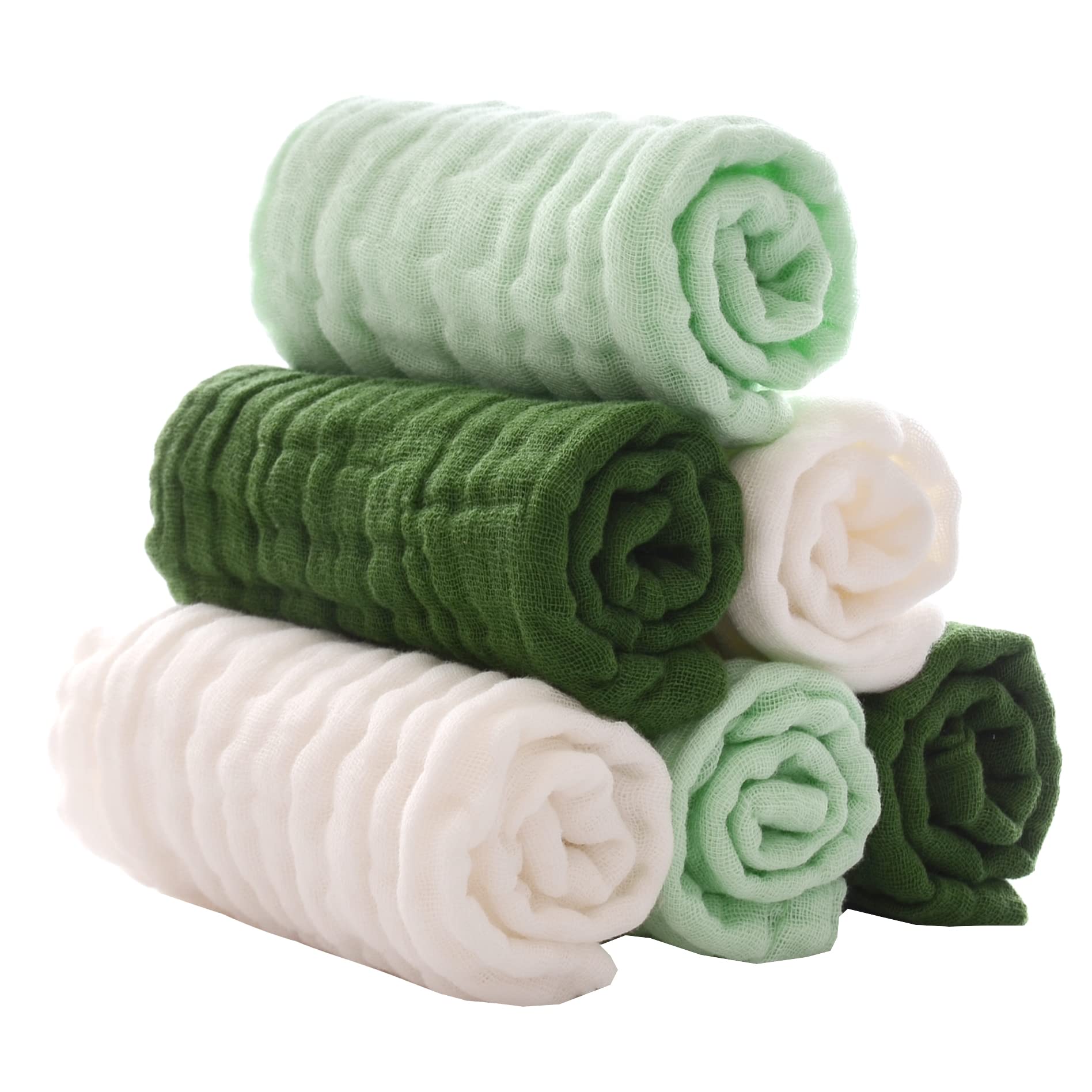MUKIN 6-pack green washcloths neatly folded for daily care.