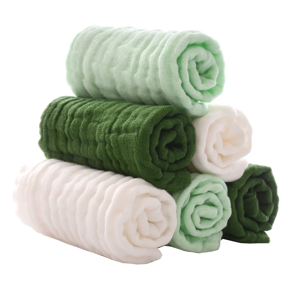 MUKIN 6-pack green washcloths neatly folded for daily care.