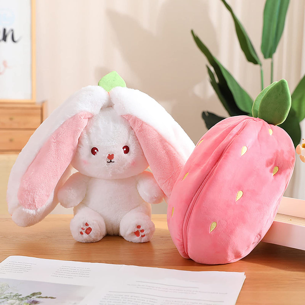 Mukorolee Bunny plush with reversible design showcases strawberry and carrot accents.
