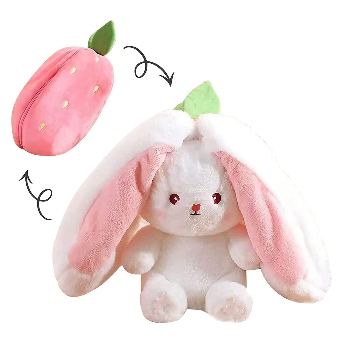 Mukorolee Bunny plush strawberry zipper design for reversible play and cozy comfort.