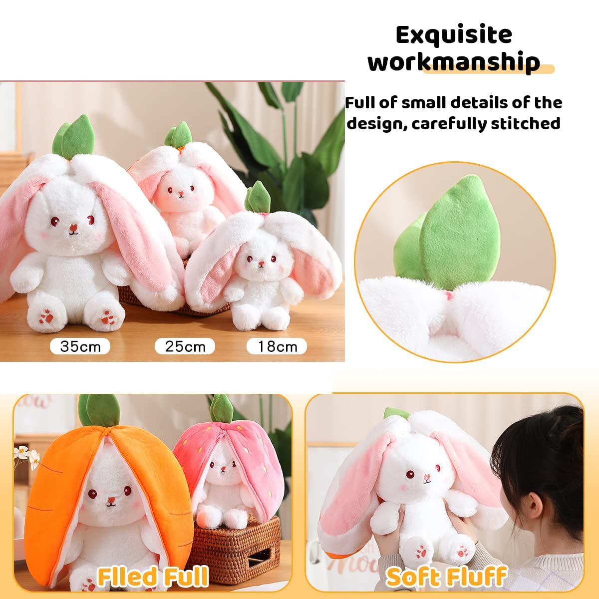 Mukorolee reversible strawberry bunny plush, two looks in one