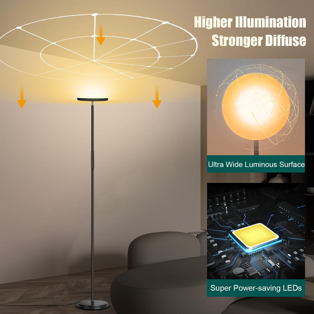 Mukuxin torchiere eye-care uplight reduces glare during reading sessions.
