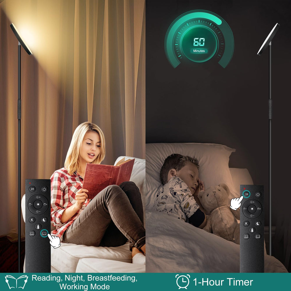 Mukuxin torchiere night mode provides a gentle glow for bedtime routines.