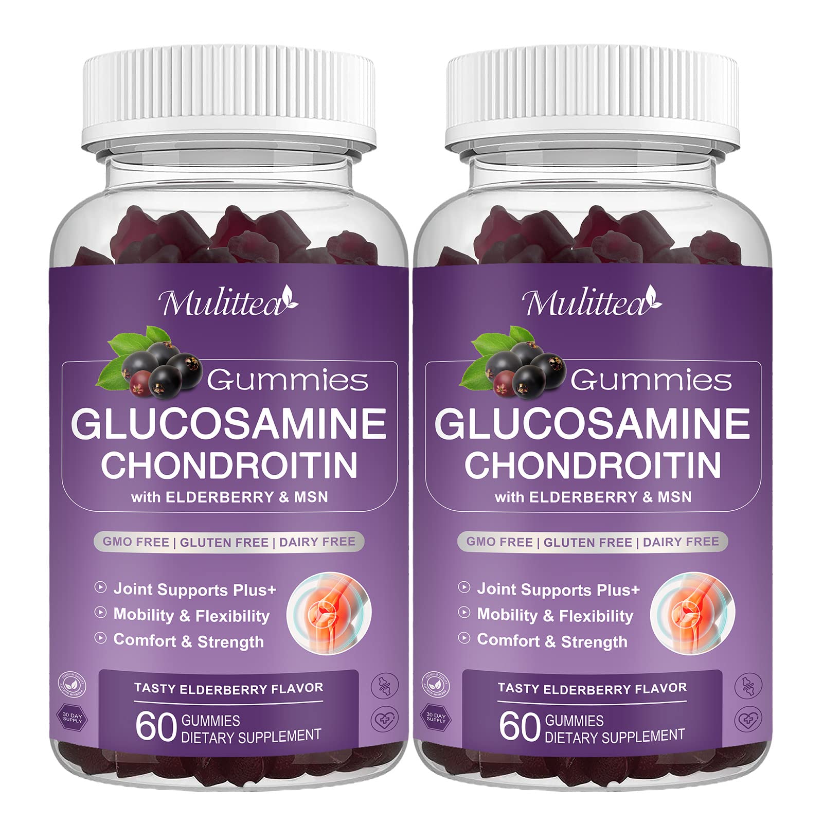 Mulittea Glucosamine Chondroitin gummies bottle-front, convenient joint support in a tasty daily chew