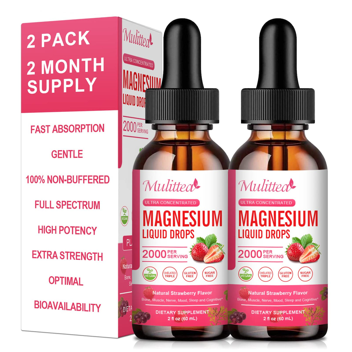 Mulittea Magnesium Glycinate Liquid bottle highlights high potency formula for daily relaxation.
