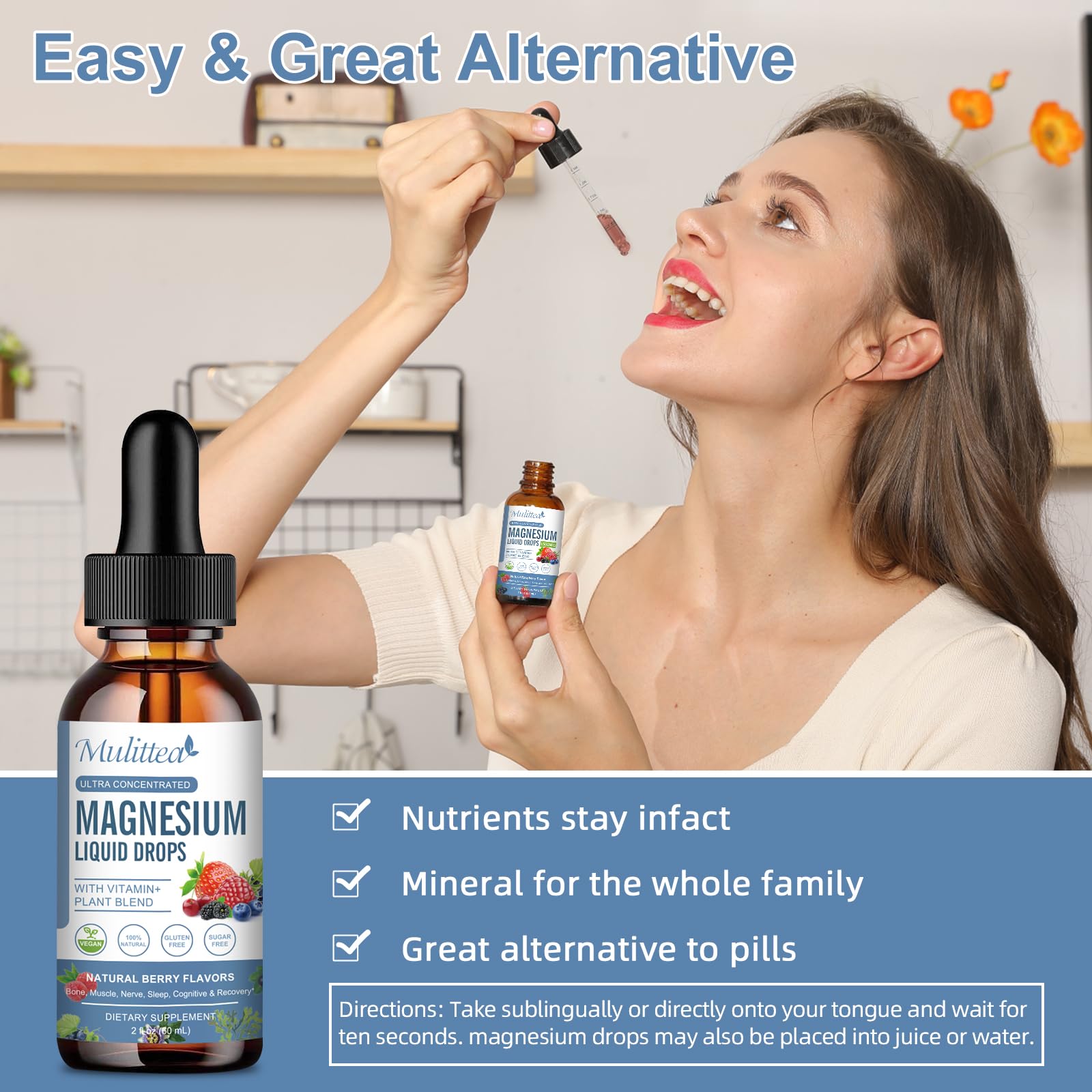 Mulittea bottle with ingredients highlight including vitamins and minerals for wellness.