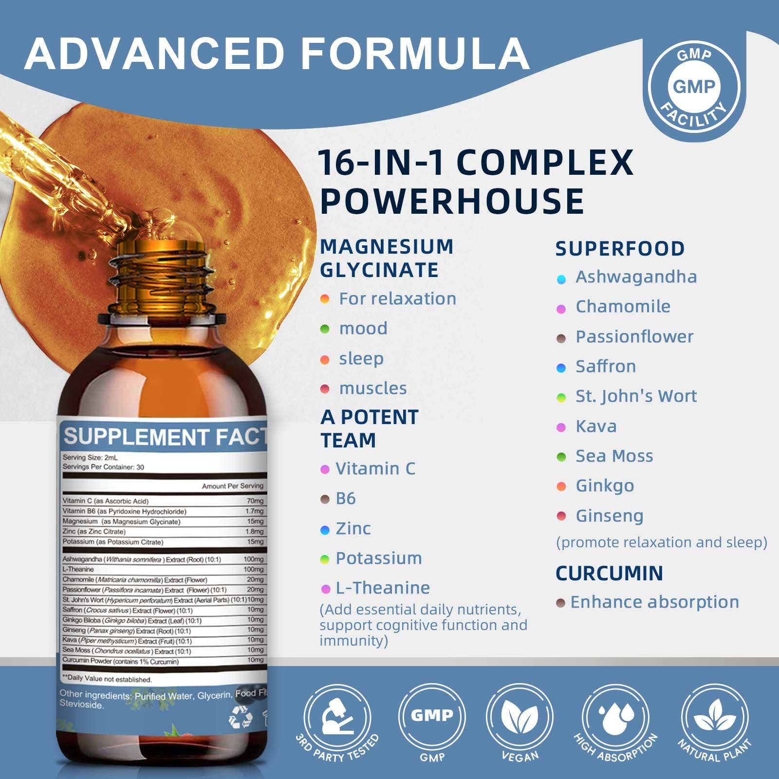 Mulittea Magnesium Glycinate Liquid Drops pour shows simple dosing for sleep and relaxation.