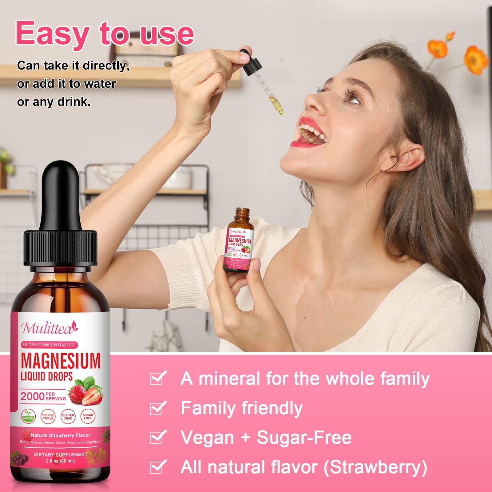 Mulittea Magnesium Glycinate Liquid ingredient panel shows non-GMO components.