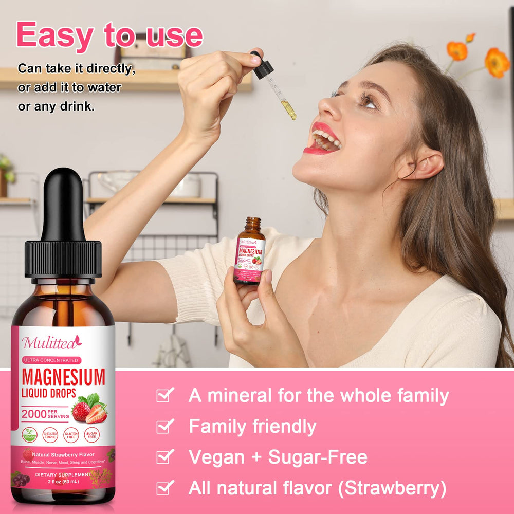 Mulittea Magnesium Glycinate Liquid ingredient panel shows non-GMO components.
