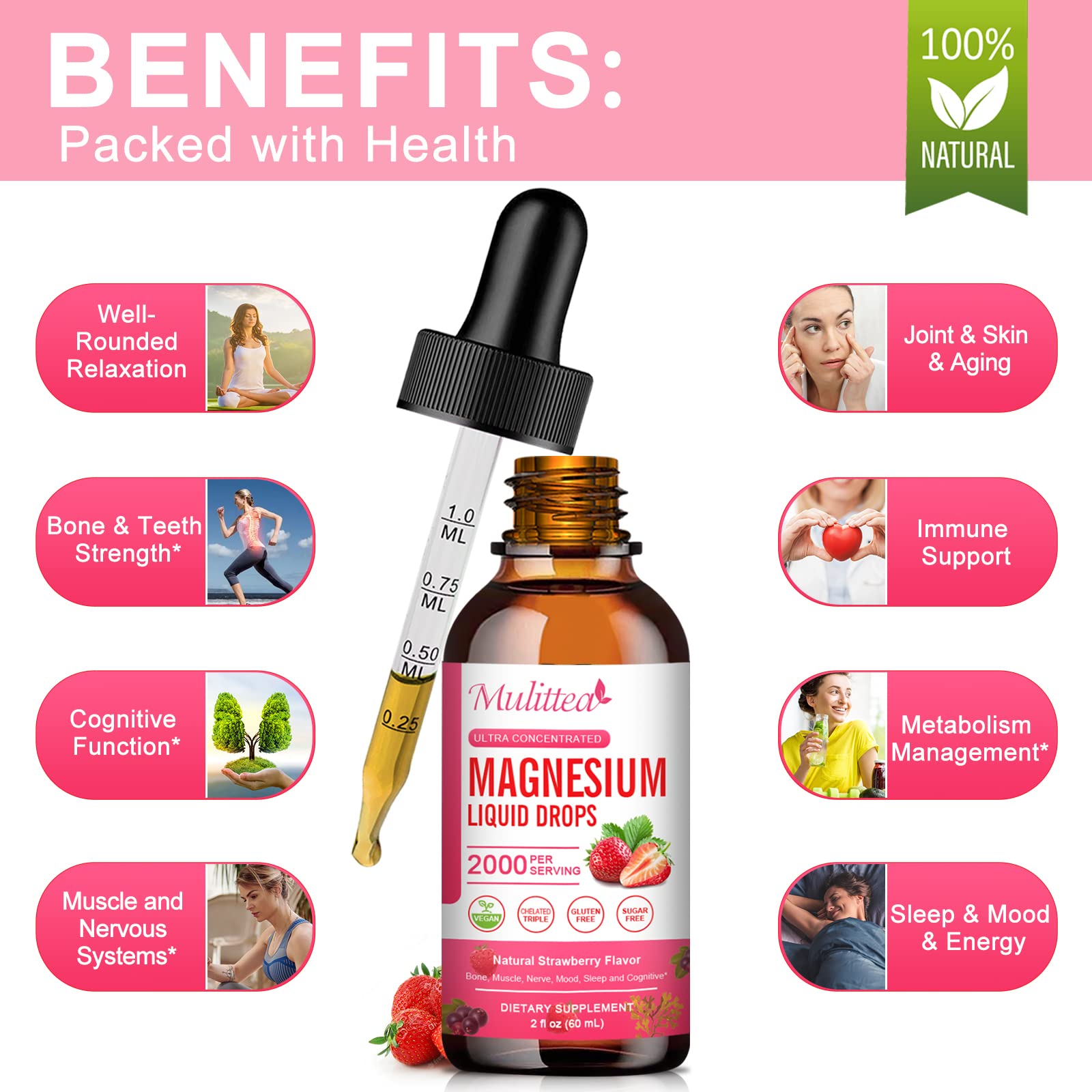 Mulittea Magnesium Glycinate Liquid label close-up emphasizes vegan, sugar-free formula.