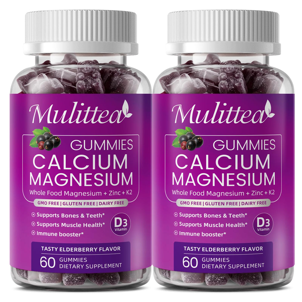 Mulittea plant-based calcium gummies bottle showing berry flavor for daily bone support