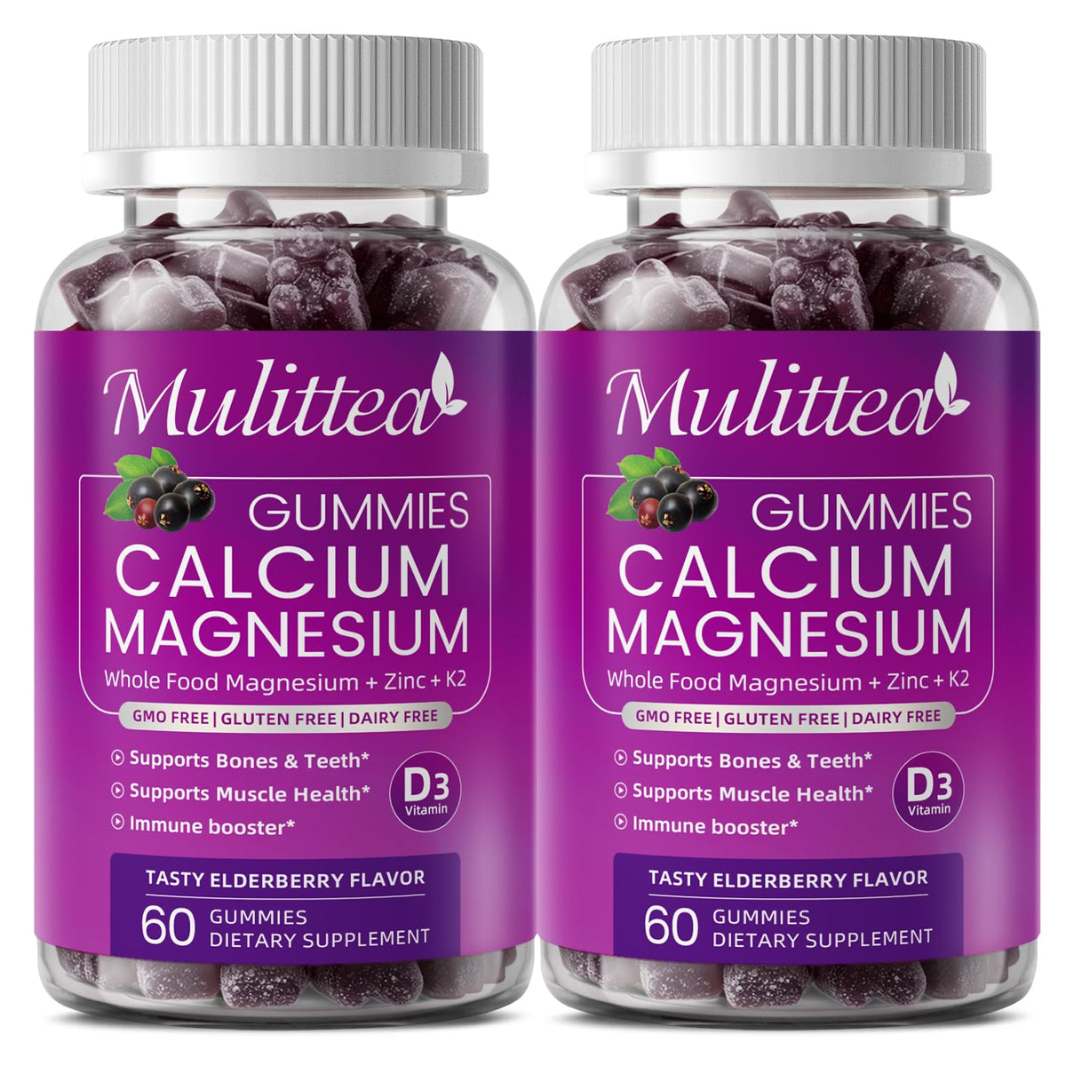 Mulittea plant-based calcium gummies bottle showing berry flavor for daily bone support