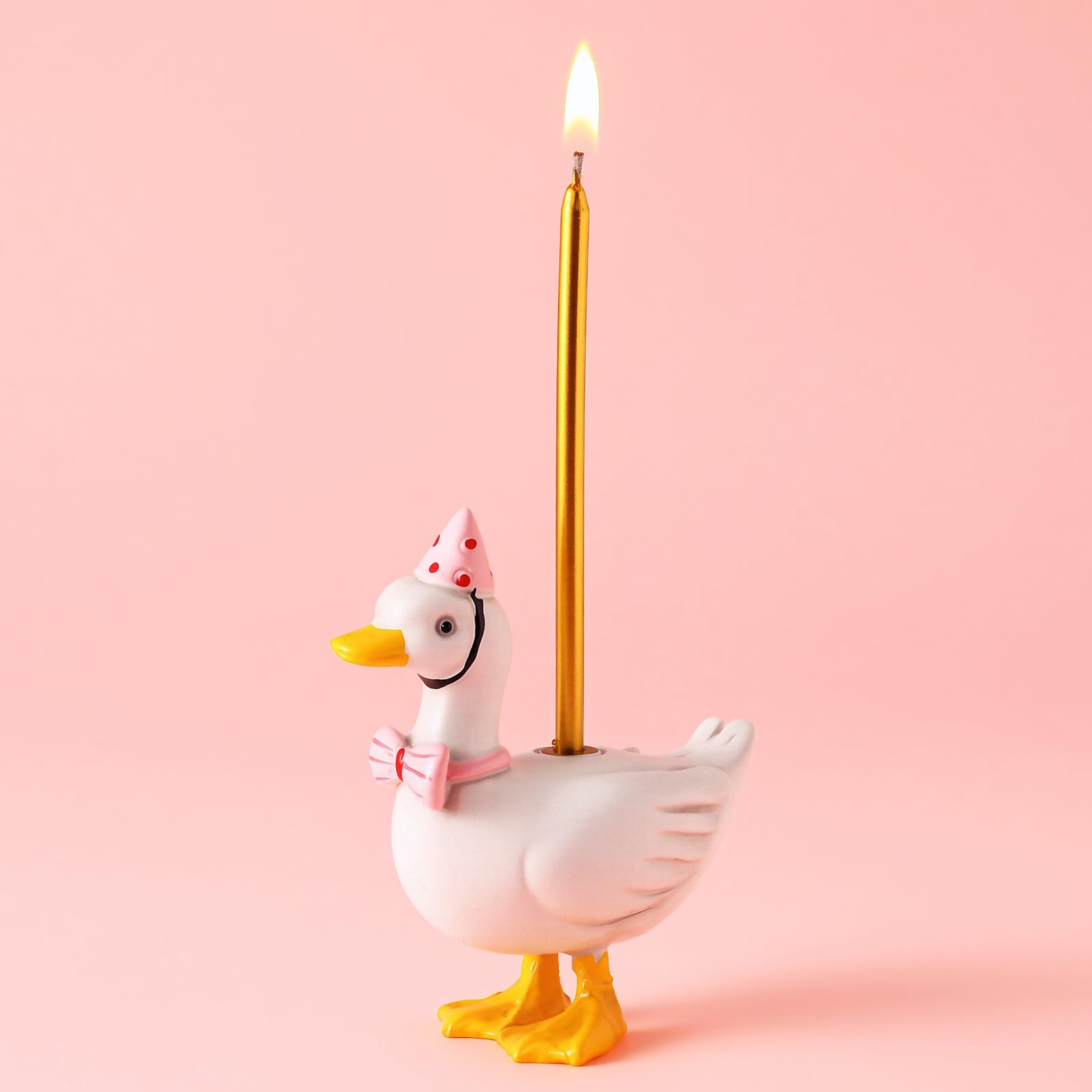 Mumufy silly goose cake candle holder in pink with bow and hat for celebrations.