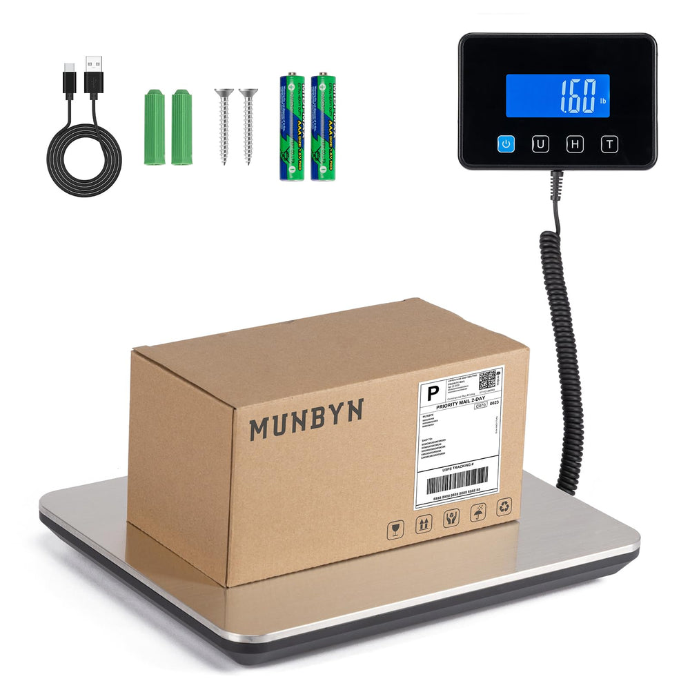 MUNBYN shipping scale front view with precise readout for accurate package weights.
