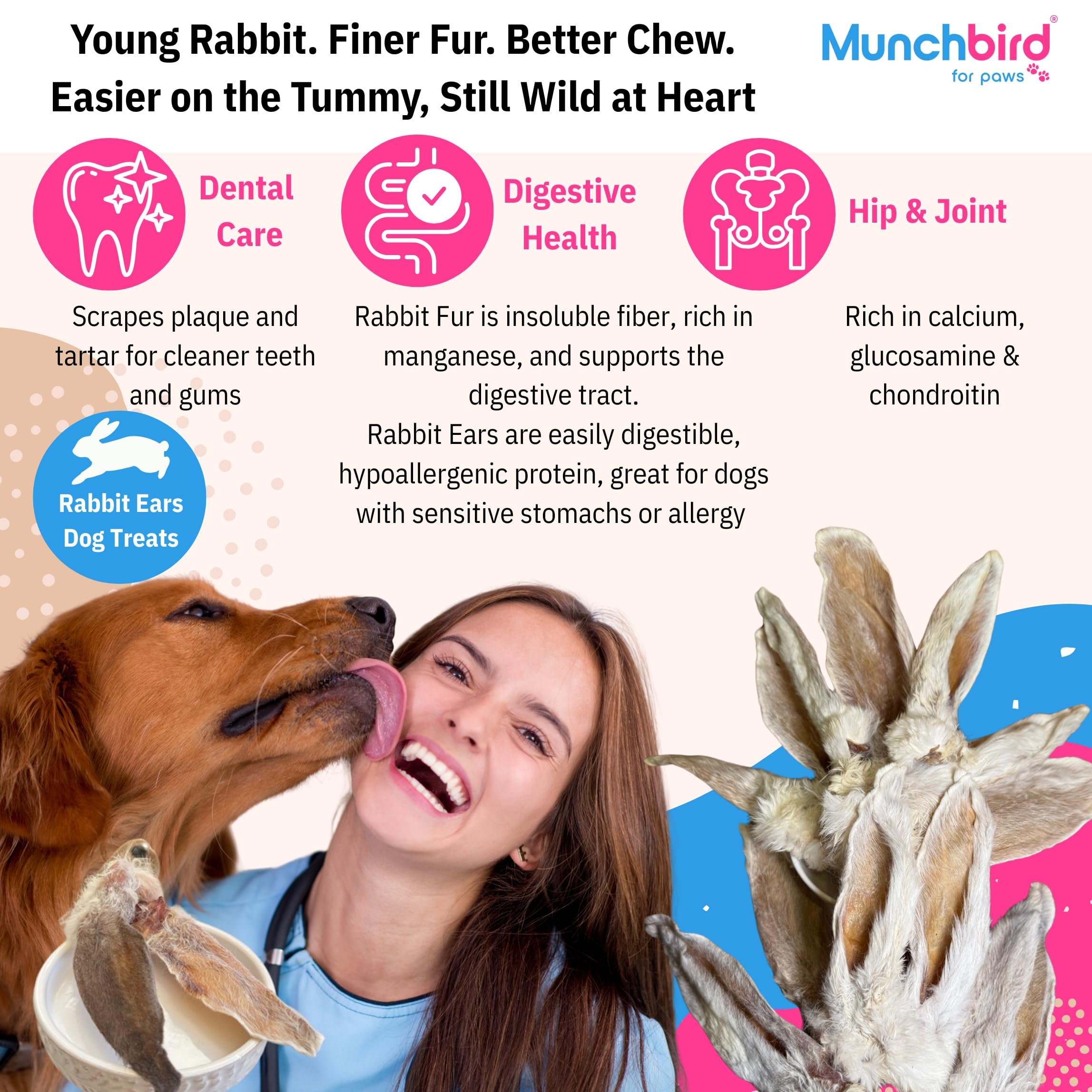 Munchbird European rabbit ear origin label highlights quality.