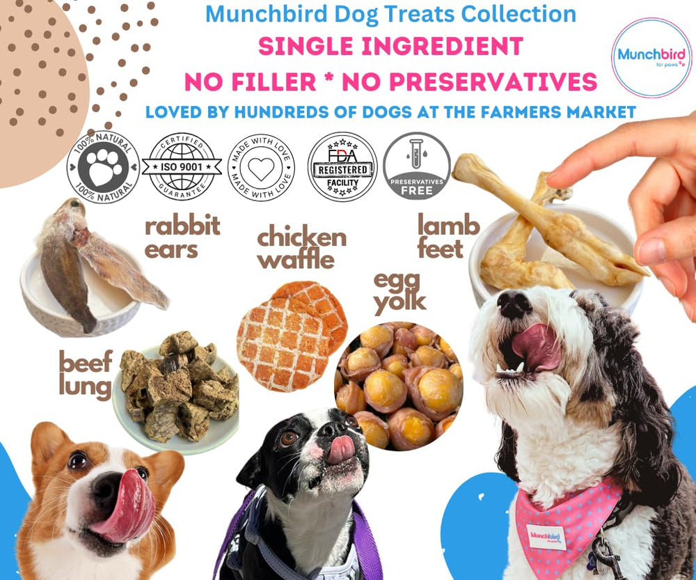 Munchbird premium cut rabbit ears for easier digestion and gentle chew.