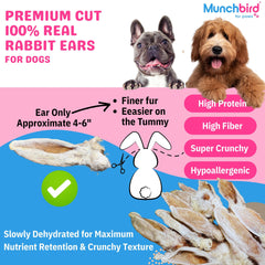 Munchbird rabbit ears pack 100g ready for dog treats.