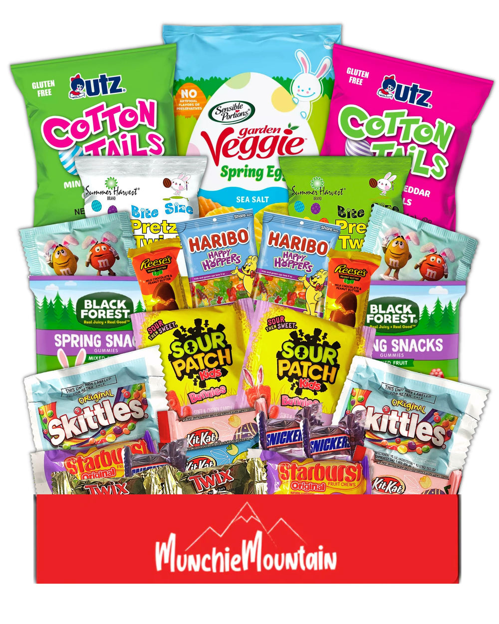 Munchie Mountain Easter care package box with 40 snacks for classrooms and families