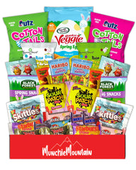 Munchie Mountain Easter care package box with 40 snacks for classrooms and families