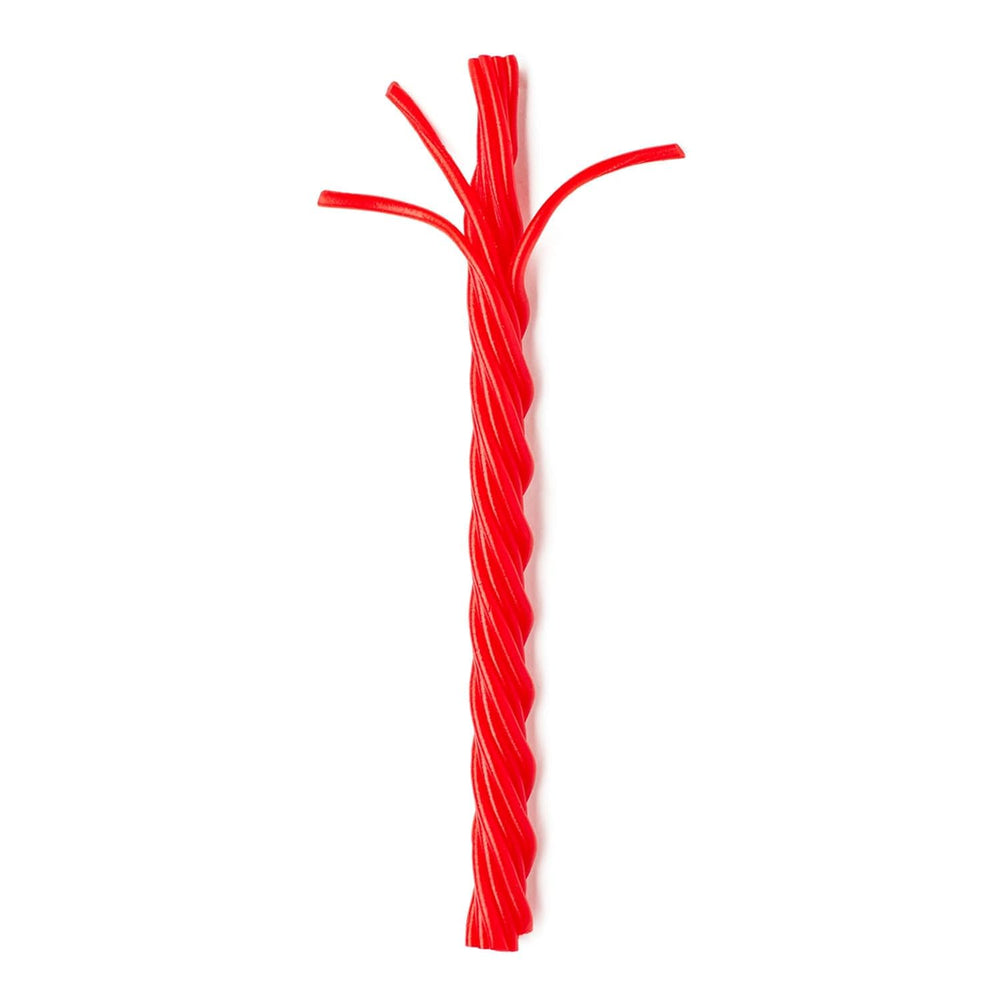 Close-up of a soft, chewy cherry licorice stick from Munchique