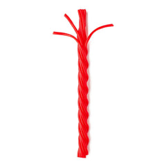 Close-up of a soft, chewy cherry licorice stick from Munchique