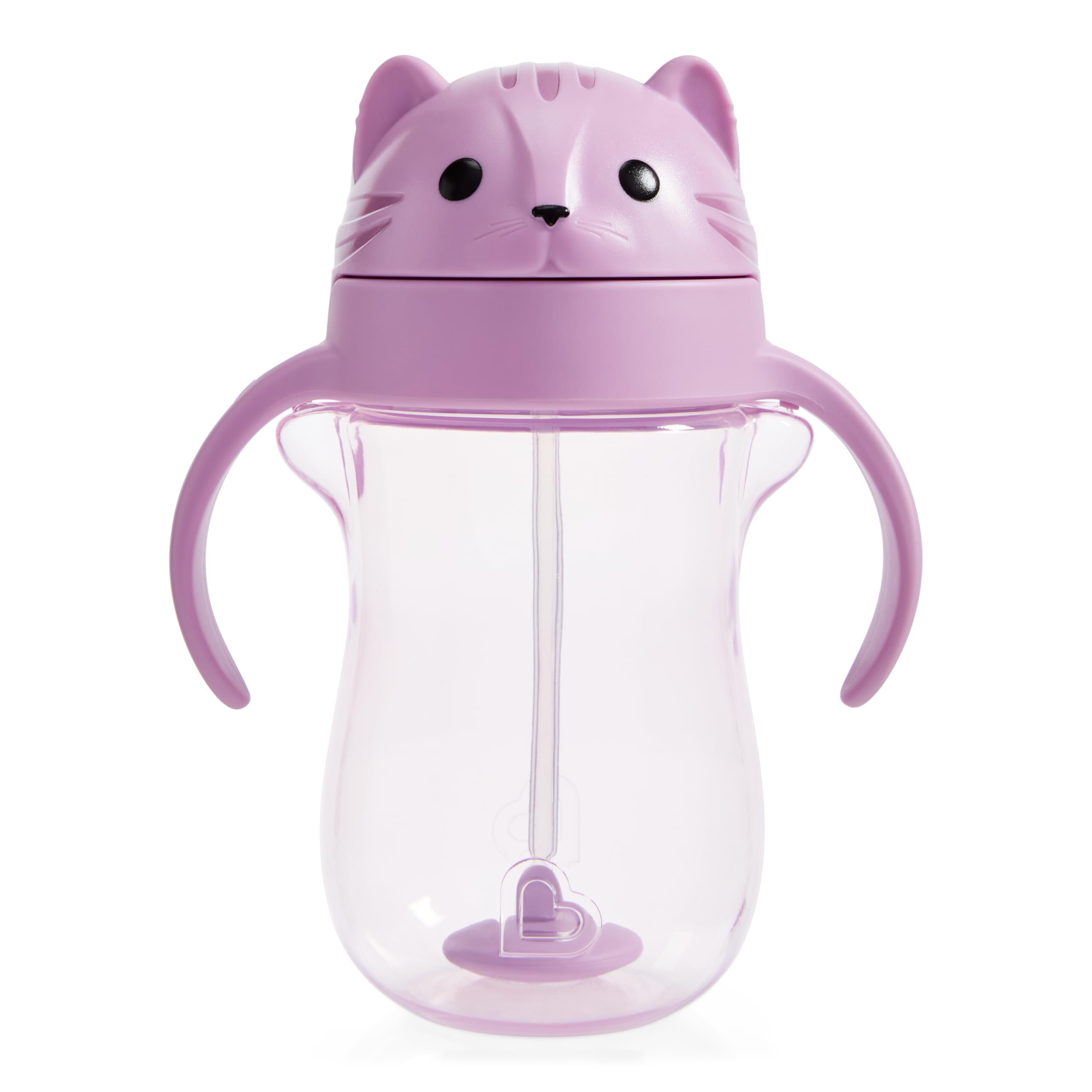 Munchkin Any Angle cat-design cup with weighted straw for easy sipping.