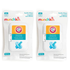 Munchkin Arm and Hammer Pacifier Wipes pack front for on-the-go baby item cleaning.