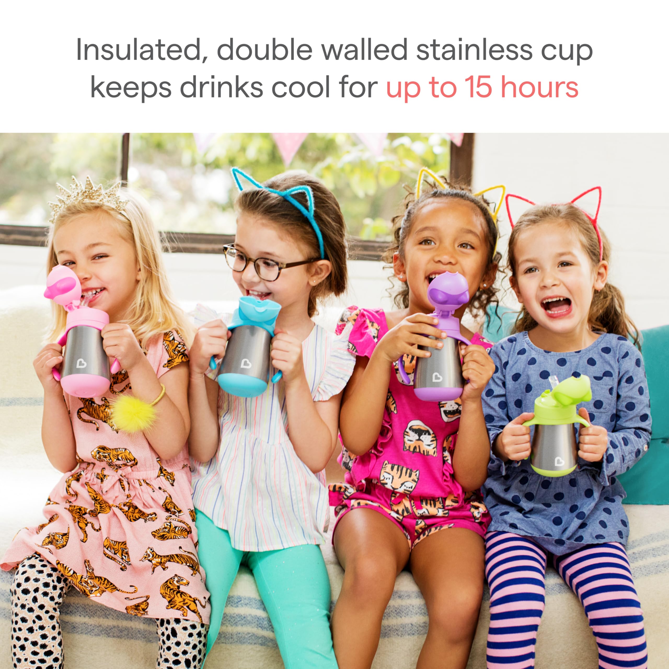 Munchkin cat-ear design cup, side view with easy-to-grip handles for little hands