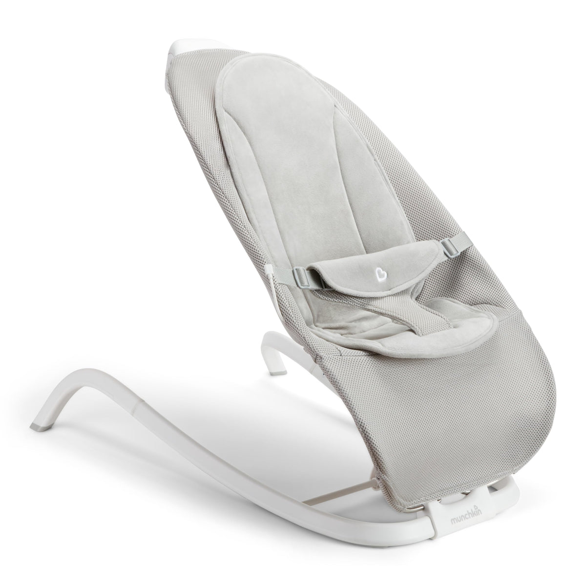 Munchkin Electric Bouncer gray front view showcasing a compact nursery seat