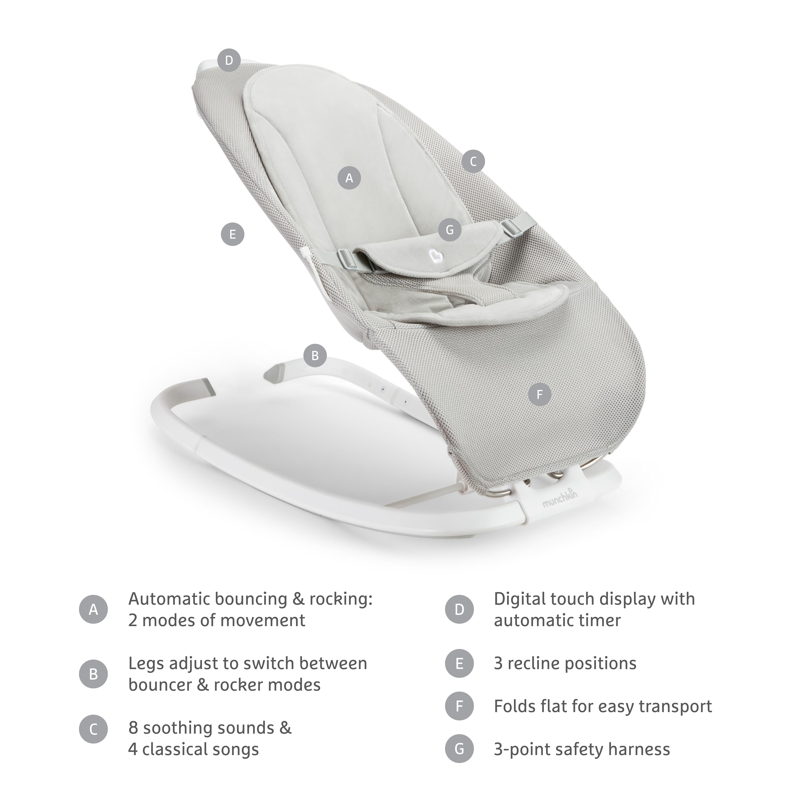 Munchkin Electric Bouncer gray soothing sounds to help settle baby