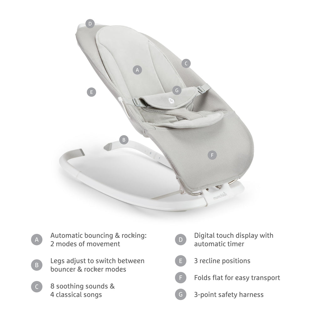 Munchkin Electric Bouncer gray soothing sounds to help settle baby