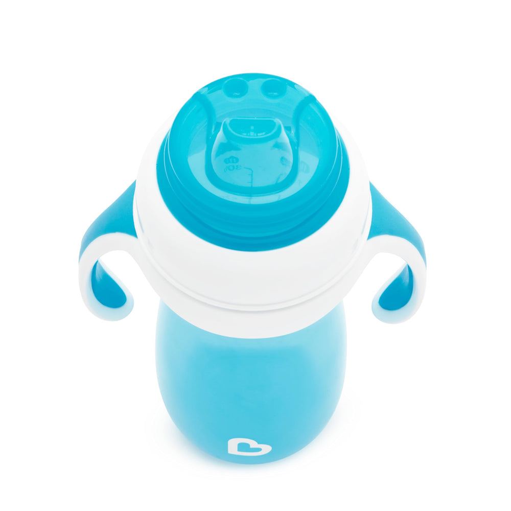 Munchkin Gentle Transition transparent measuring cup shows liquid level during practice.