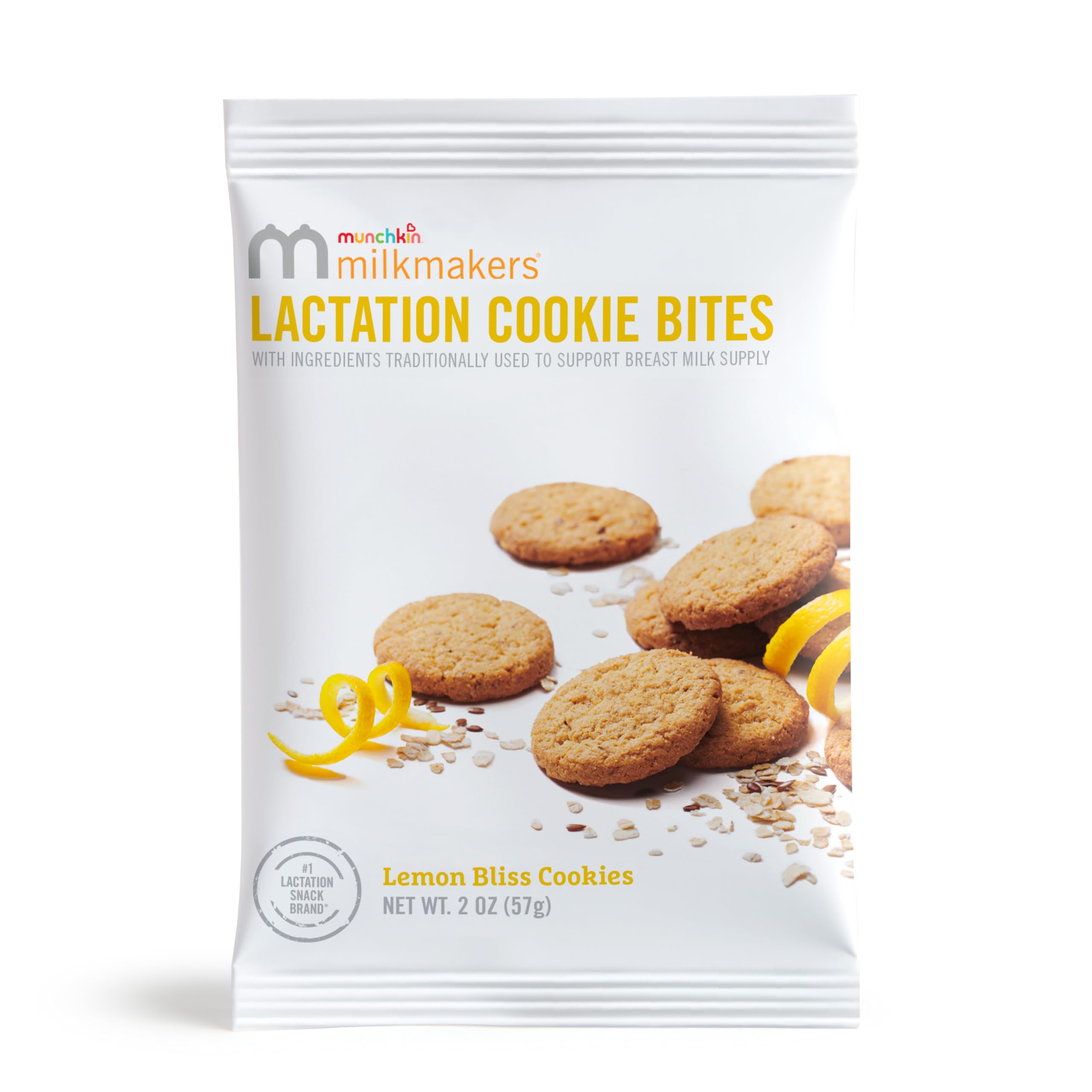 Munchkin Milkmakers Lemon Bliss texture close-up of bite-sized cookies for quick, satisfying lactation snack.